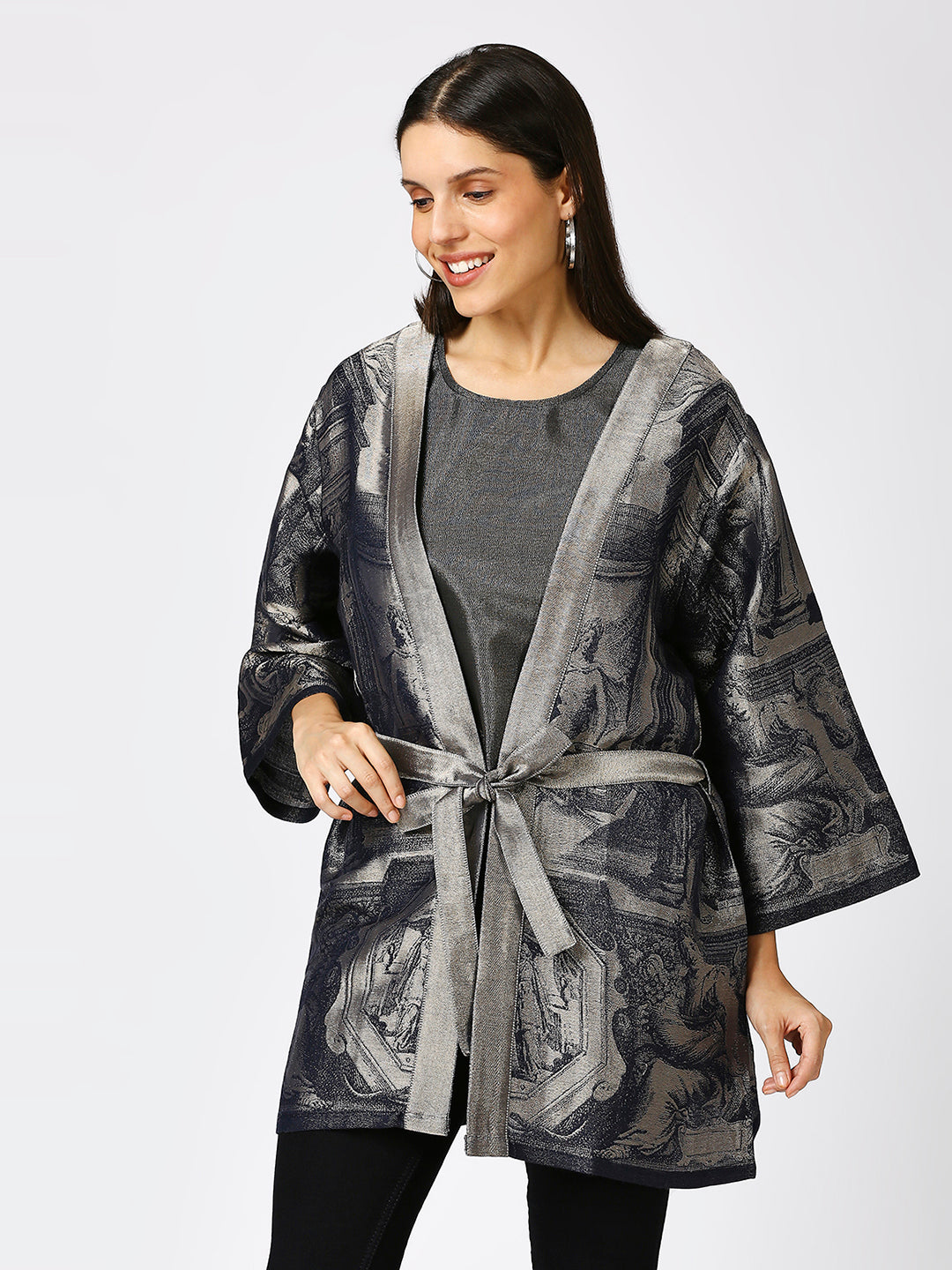 Brocade Floral Design Navy Kimono