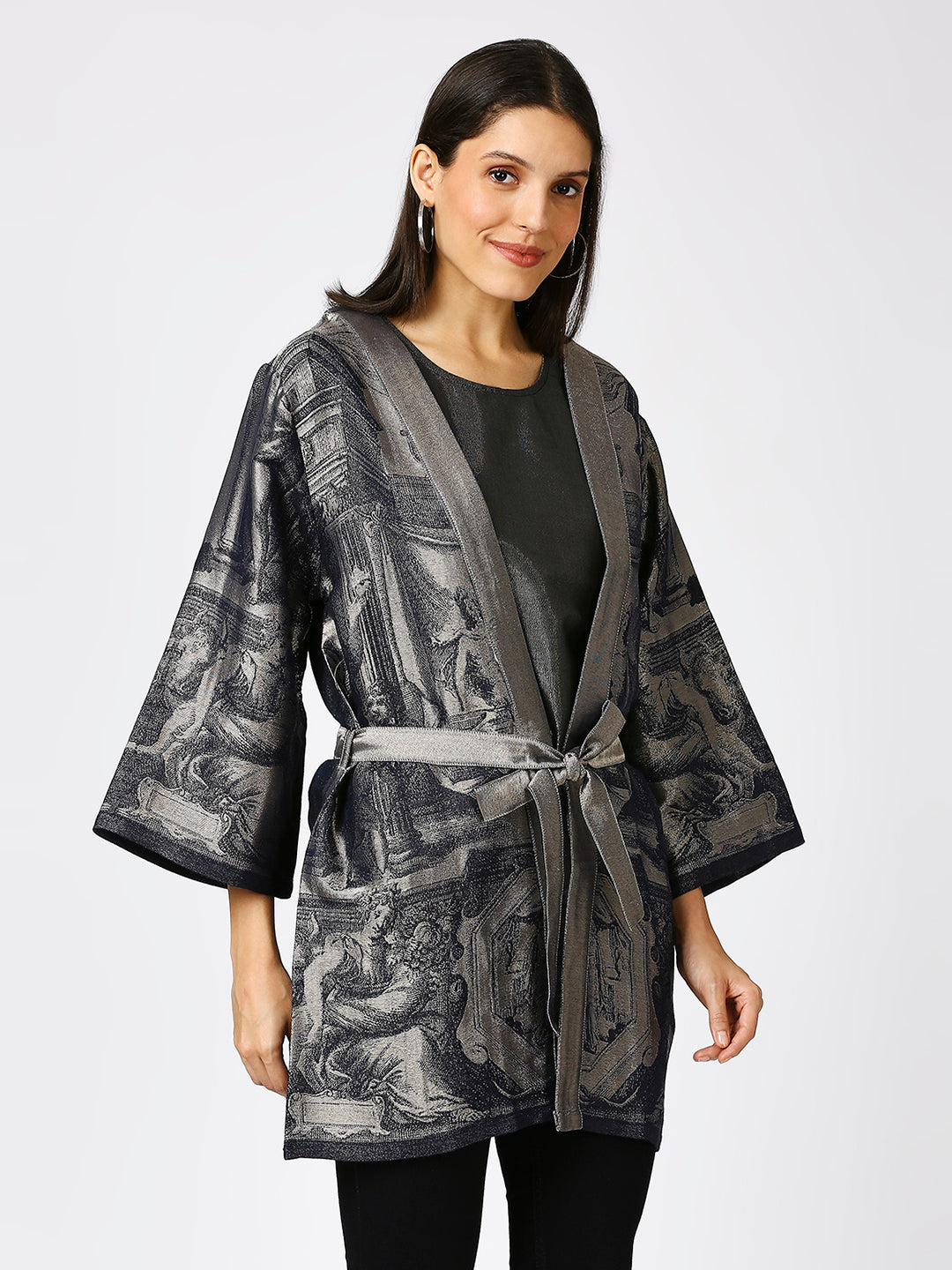 Brocade Floral Design Navy Kimono