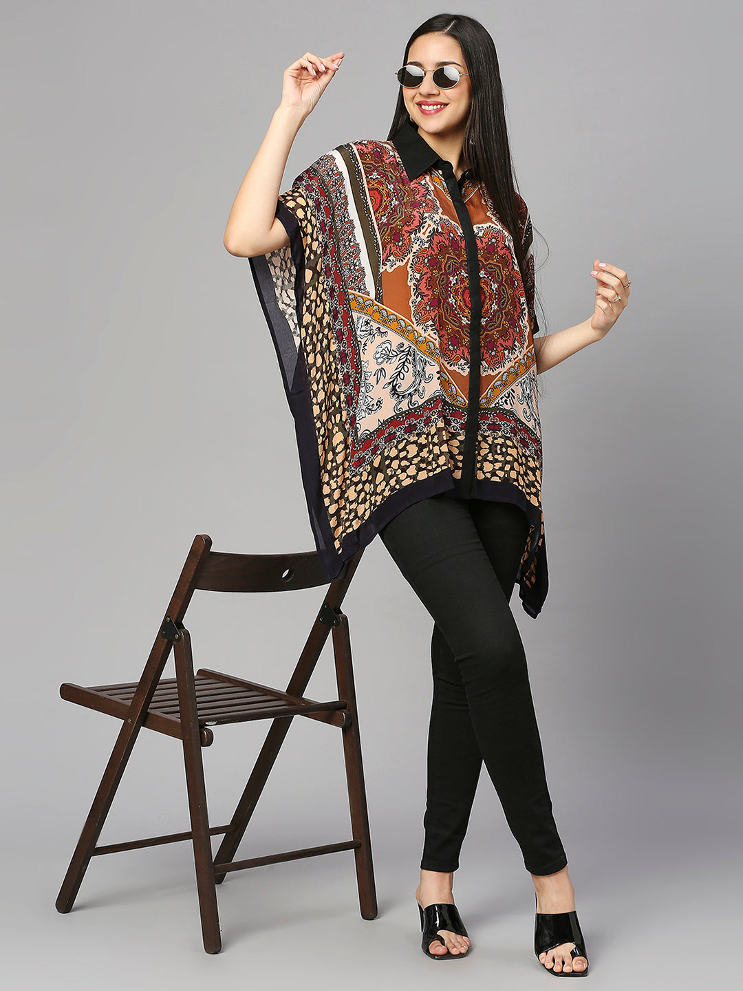 Multicolor Ethnic Printed Velvet Kaftan Shirt