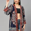 Navy Blue Multicolor Ethnic Printed Short Velvet Kimono