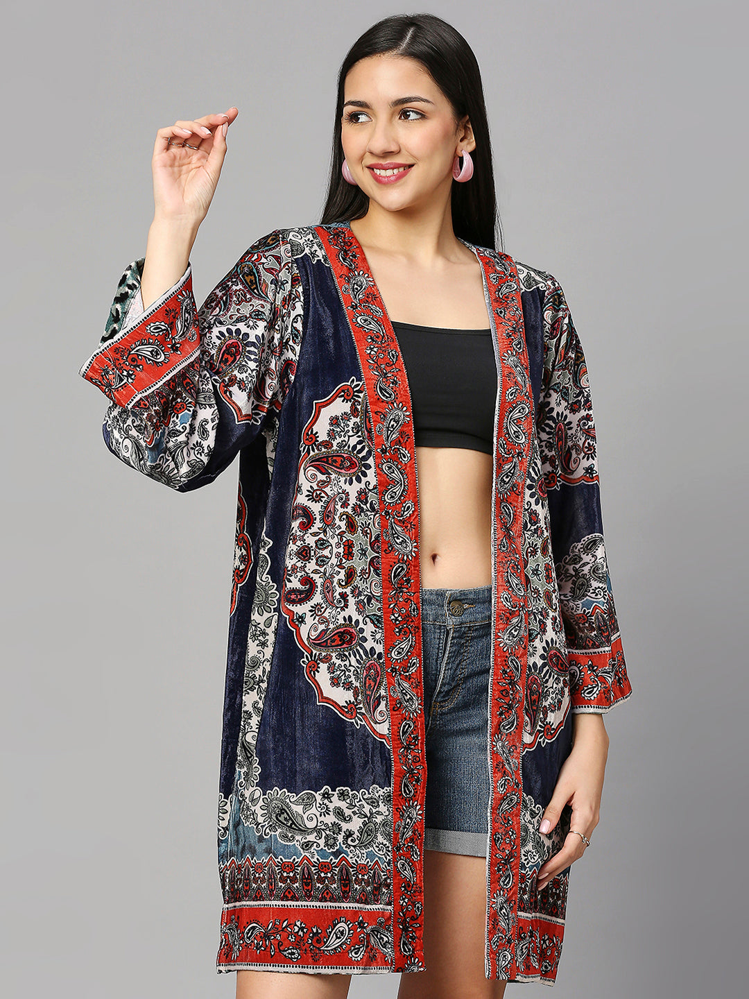 Navy Blue Multicolor Ethnic Printed Short Velvet Kimono
