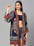 Navy Blue Multicolor Ethnic Printed Short Velvet Kimono