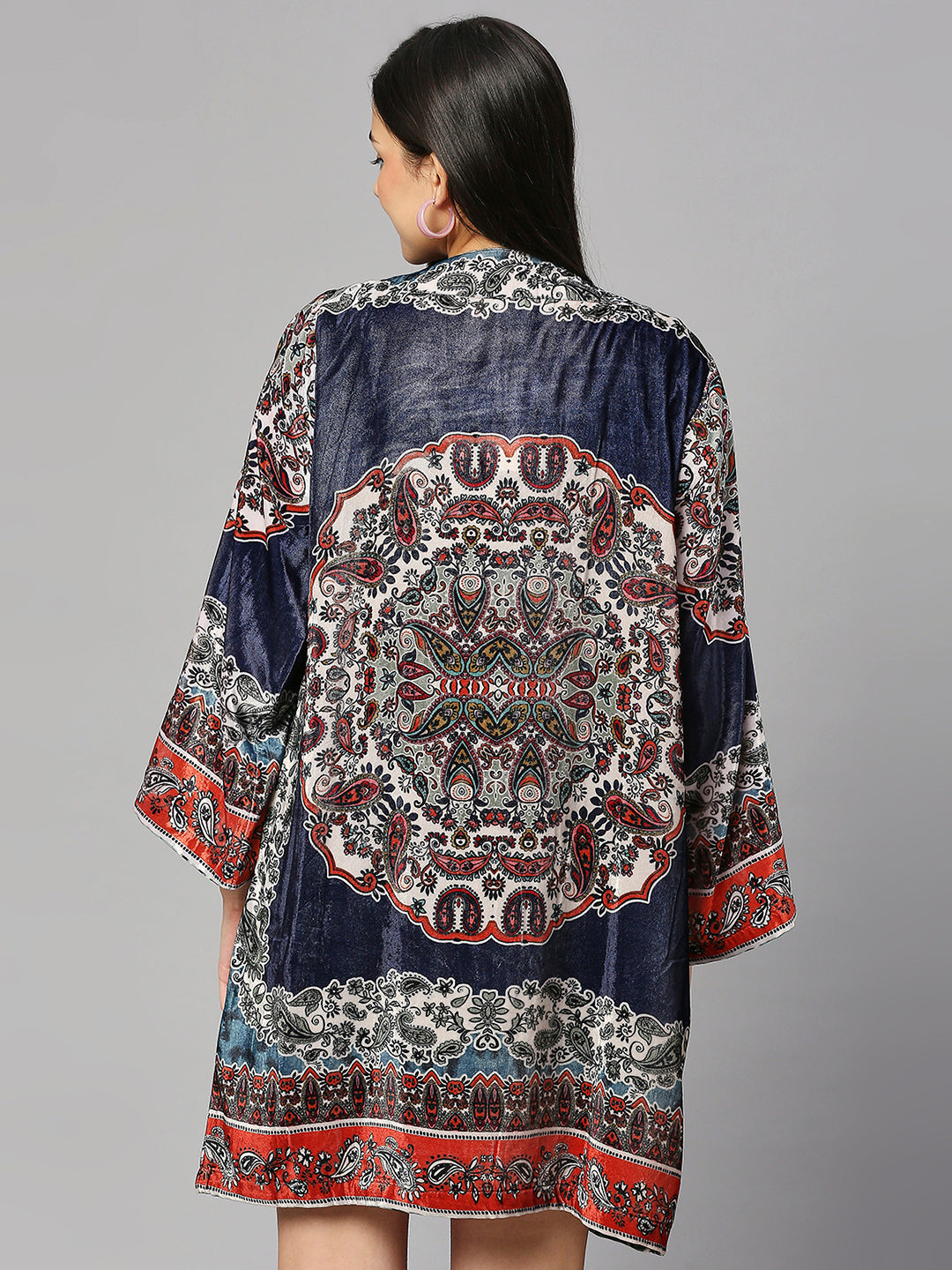 Navy Blue Multicolor Ethnic Printed Short Velvet Kimono