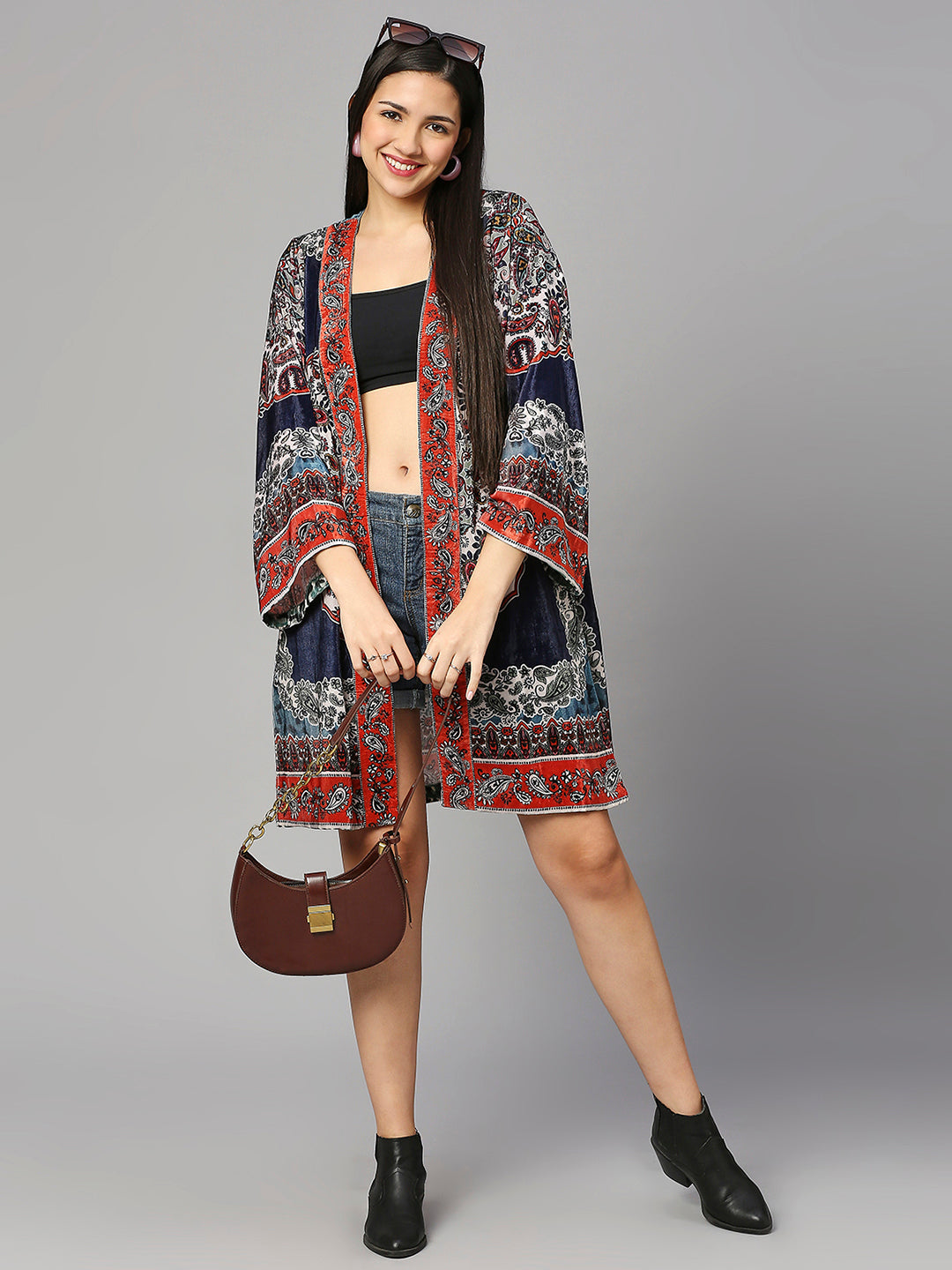 Navy Blue Multicolor Ethnic Printed Short Velvet Kimono