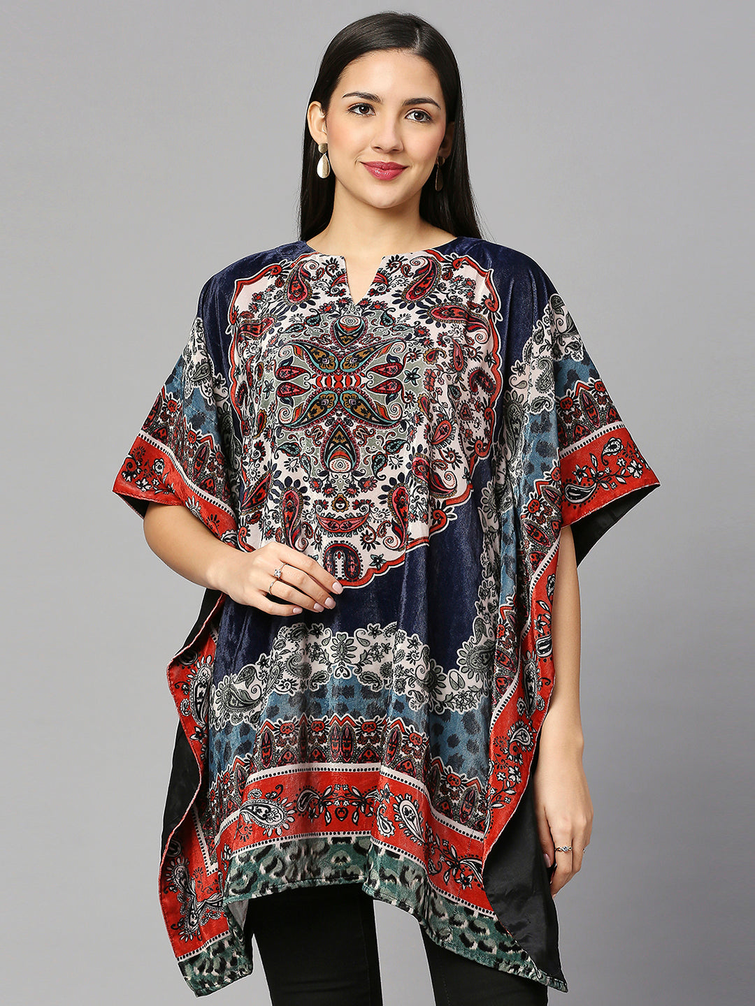 Navy Paisley Printed Velvet Kaftan