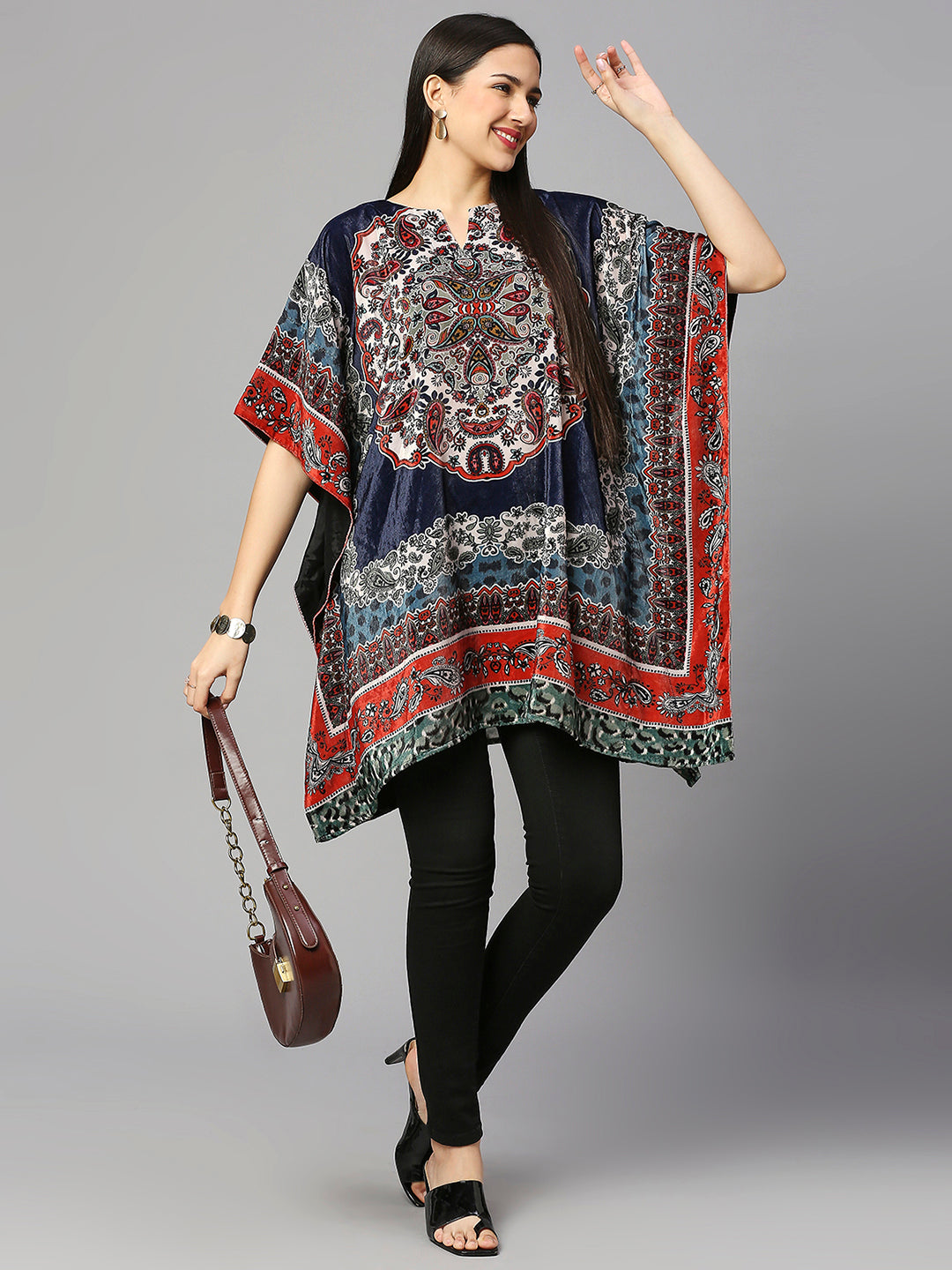 Navy Paisley Printed Velvet Kaftan