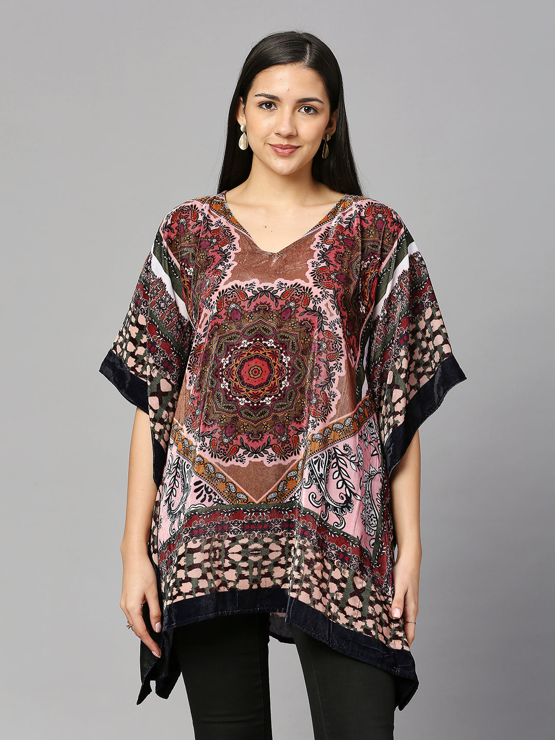 Velvet Ethnic Pink Short Kaftan