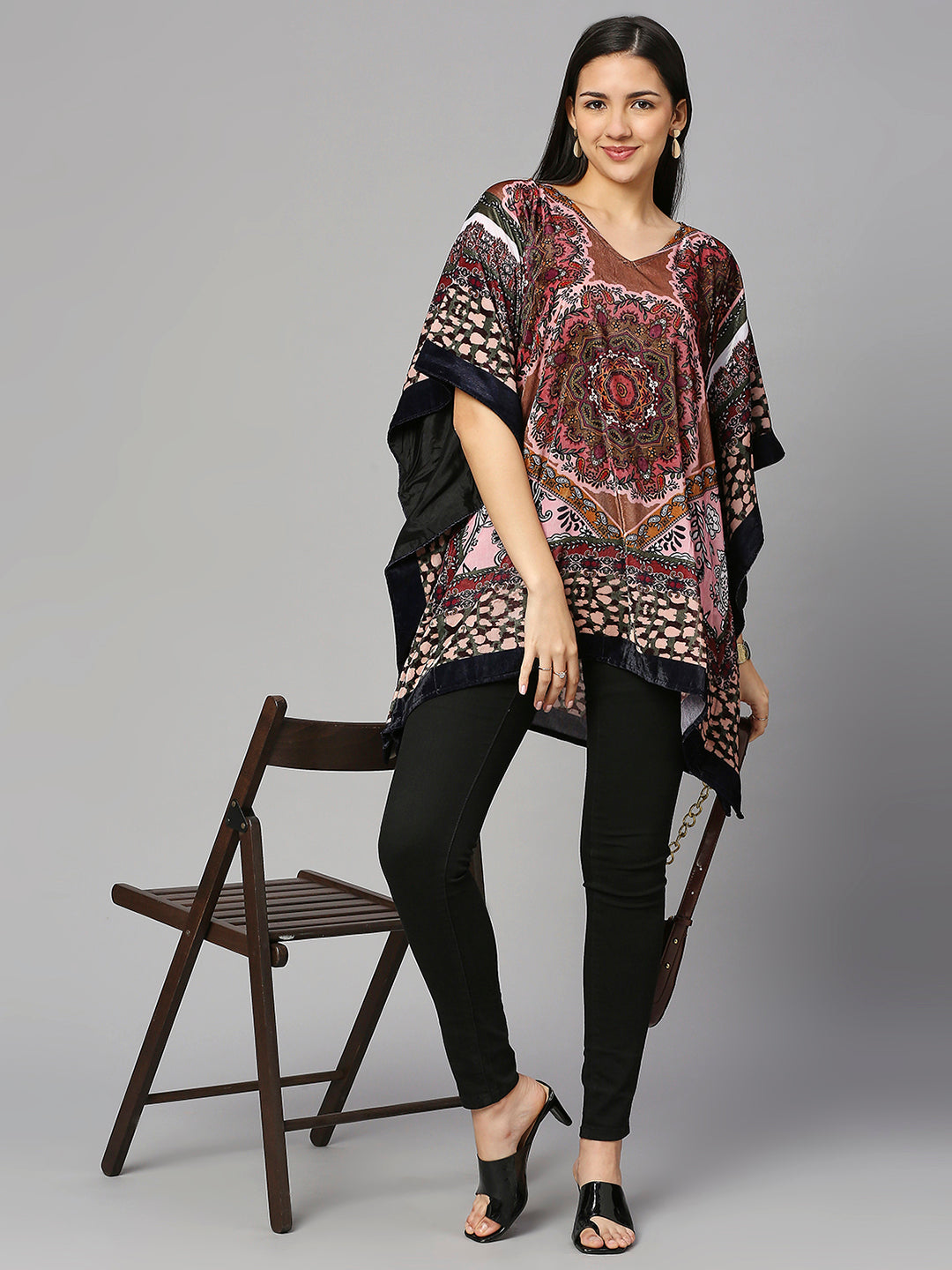 Velvet Ethnic Pink Short Kaftan