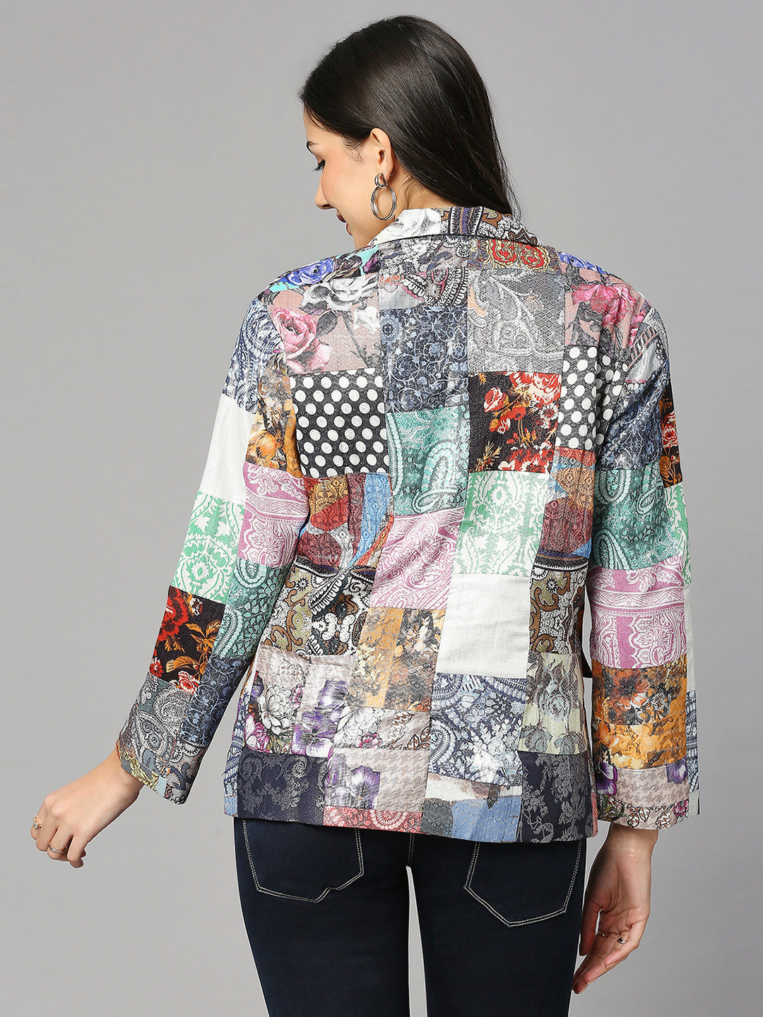 Multicolored Patchwork Printed Short Metallic Jacket