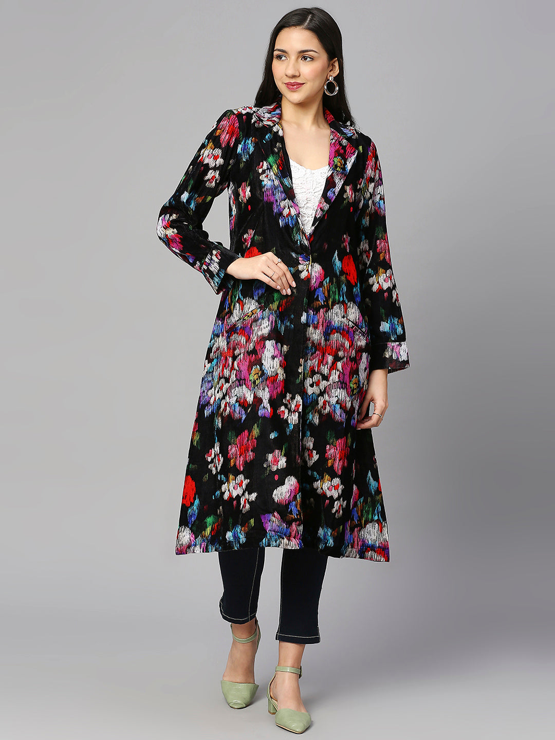 Black Floral Designed Long Blazer