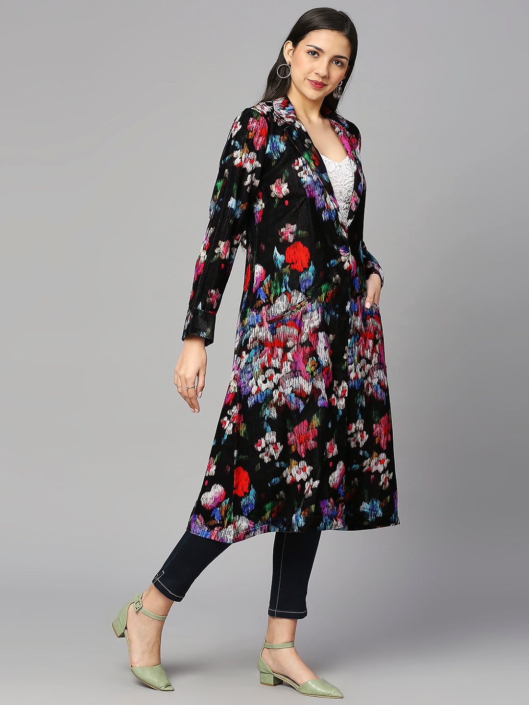 Black Multicolor Floral Designed Long Jacket