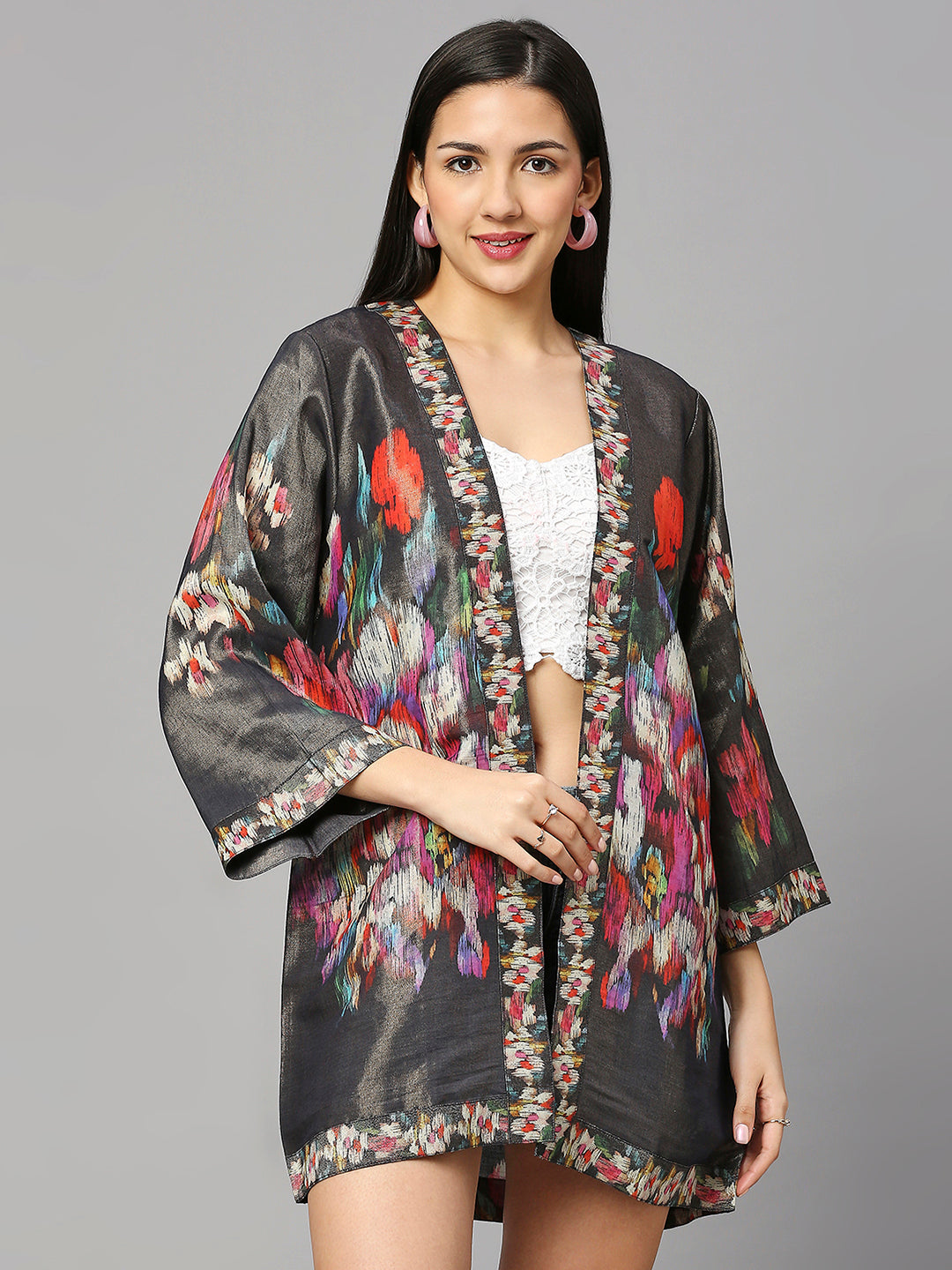Multicolor Floral Short Brocade Kimono