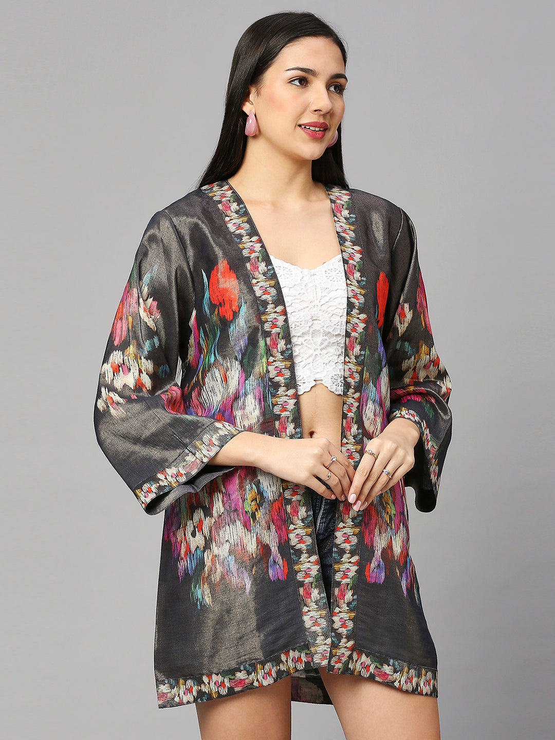 Multicolor Floral Designed Short Brocade Kimono