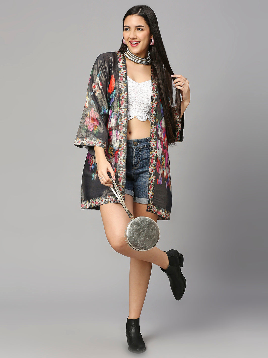 Multicolor Floral Short Brocade Kimono