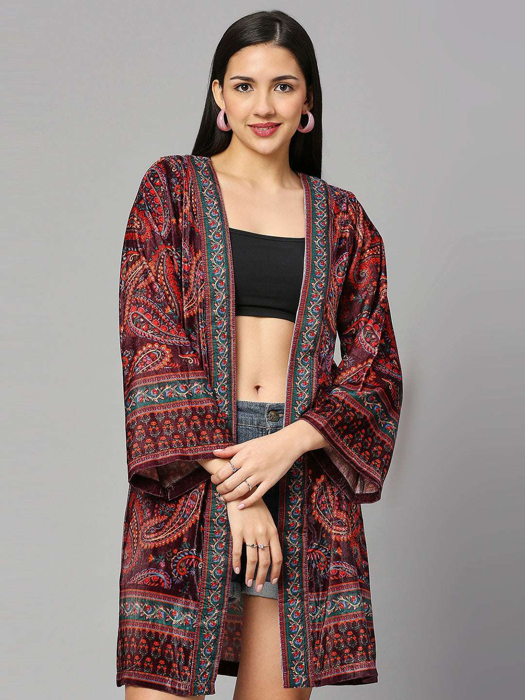 Red Paisley Short Velvet Kimono