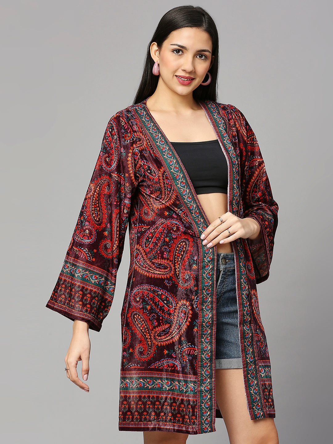 Red Paisley printed Short Velvet Kimono