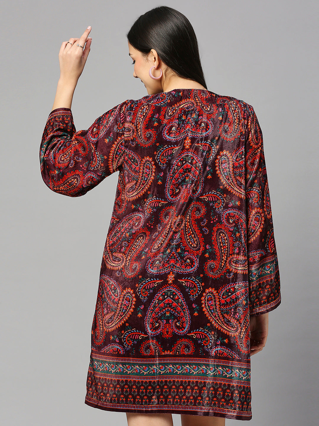 Red Paisley printed Short Velvet Kimono