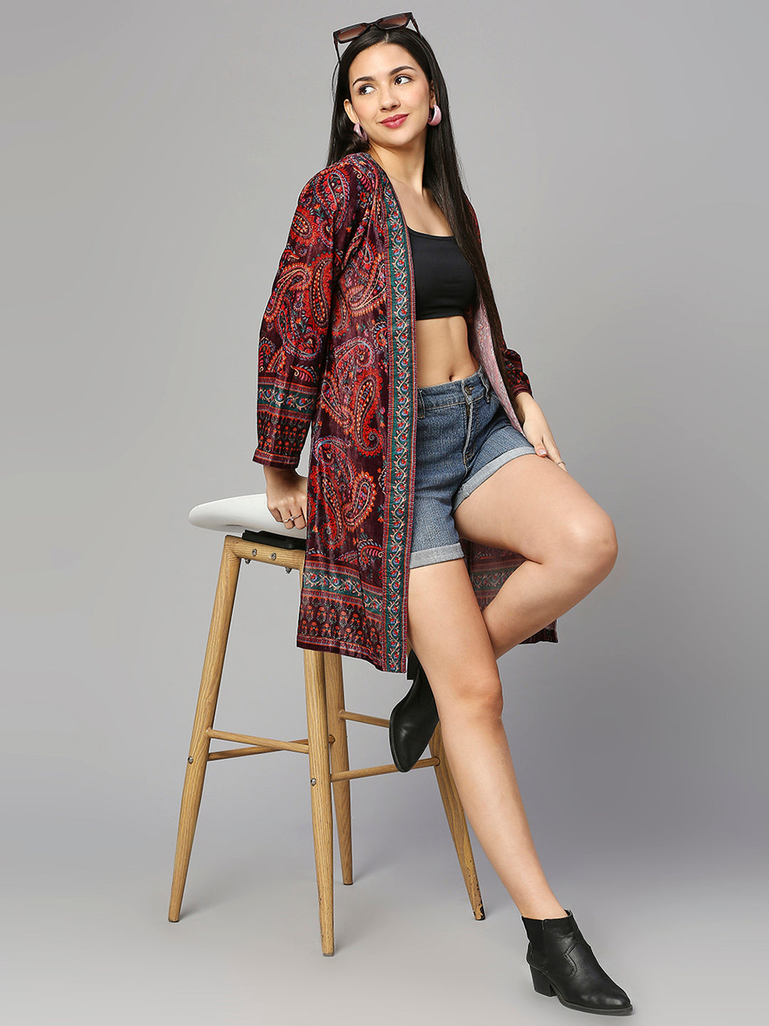 Red Paisley Short Velvet Kimono