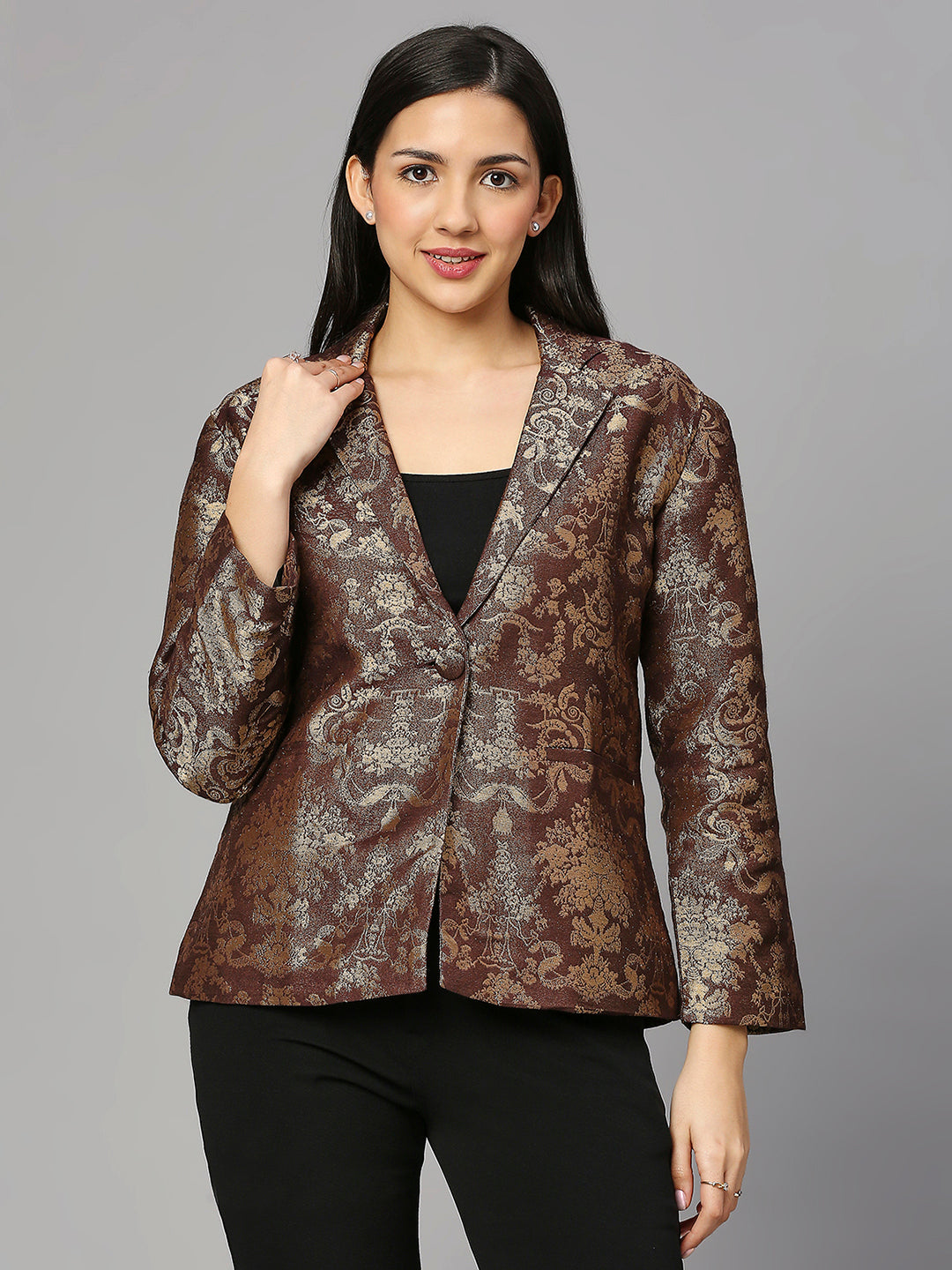 French Brown Short Brocade Blazer
