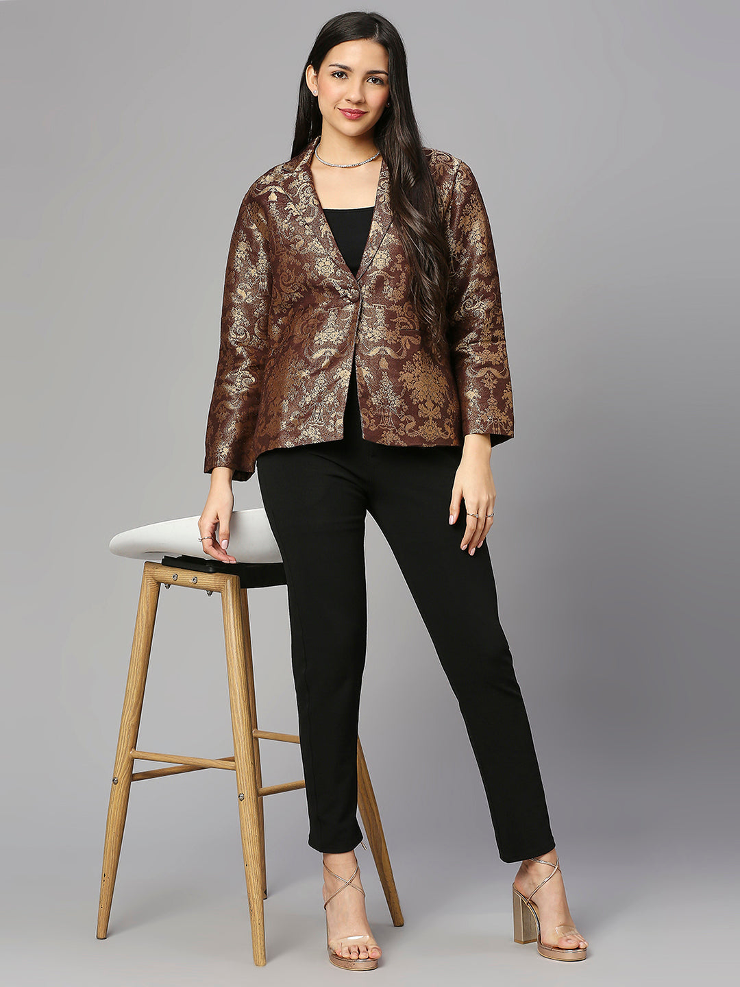 French Brown Short Brocade Blazer
