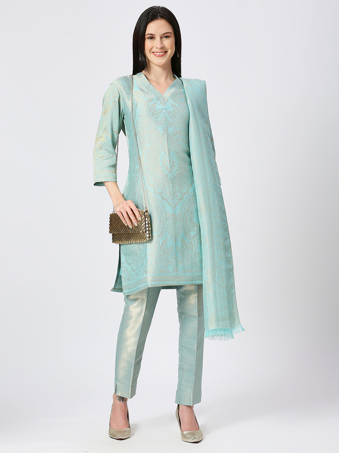 Brocade Aqua Motif Design Kurta Set