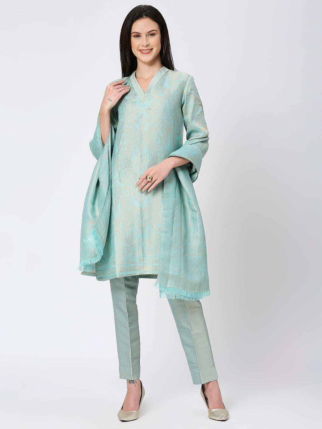 Brocade Navy Blue Leaf Motif Design Kurta