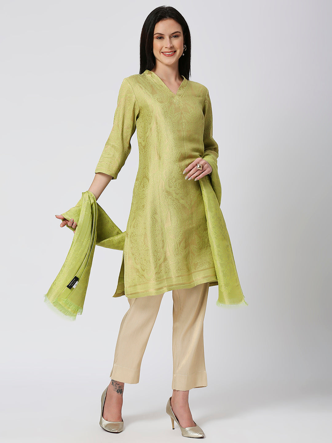 Brocade Lime Gold Leaf Motif Design Kurti