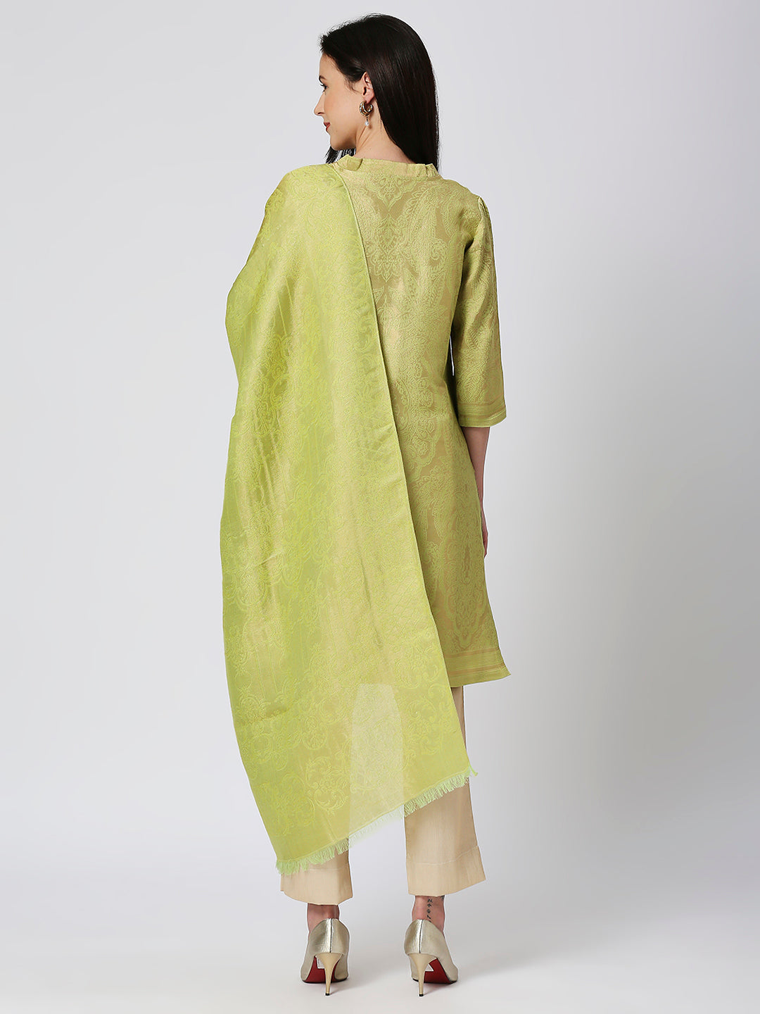 Brocade Lime Gold Leaf Motif Design Kurti