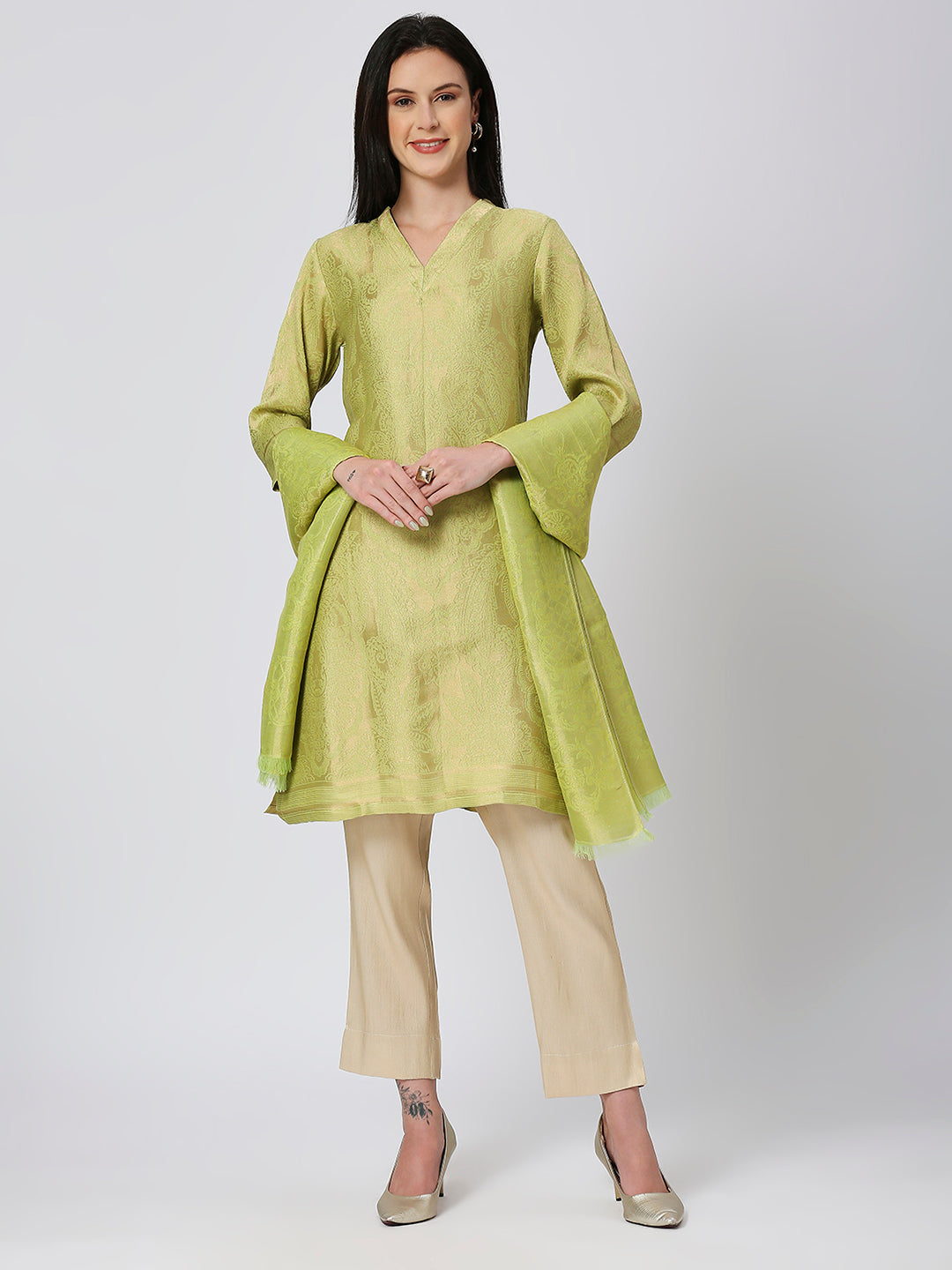 Brocade Aqua Gold Leaf Motif Design Kurta