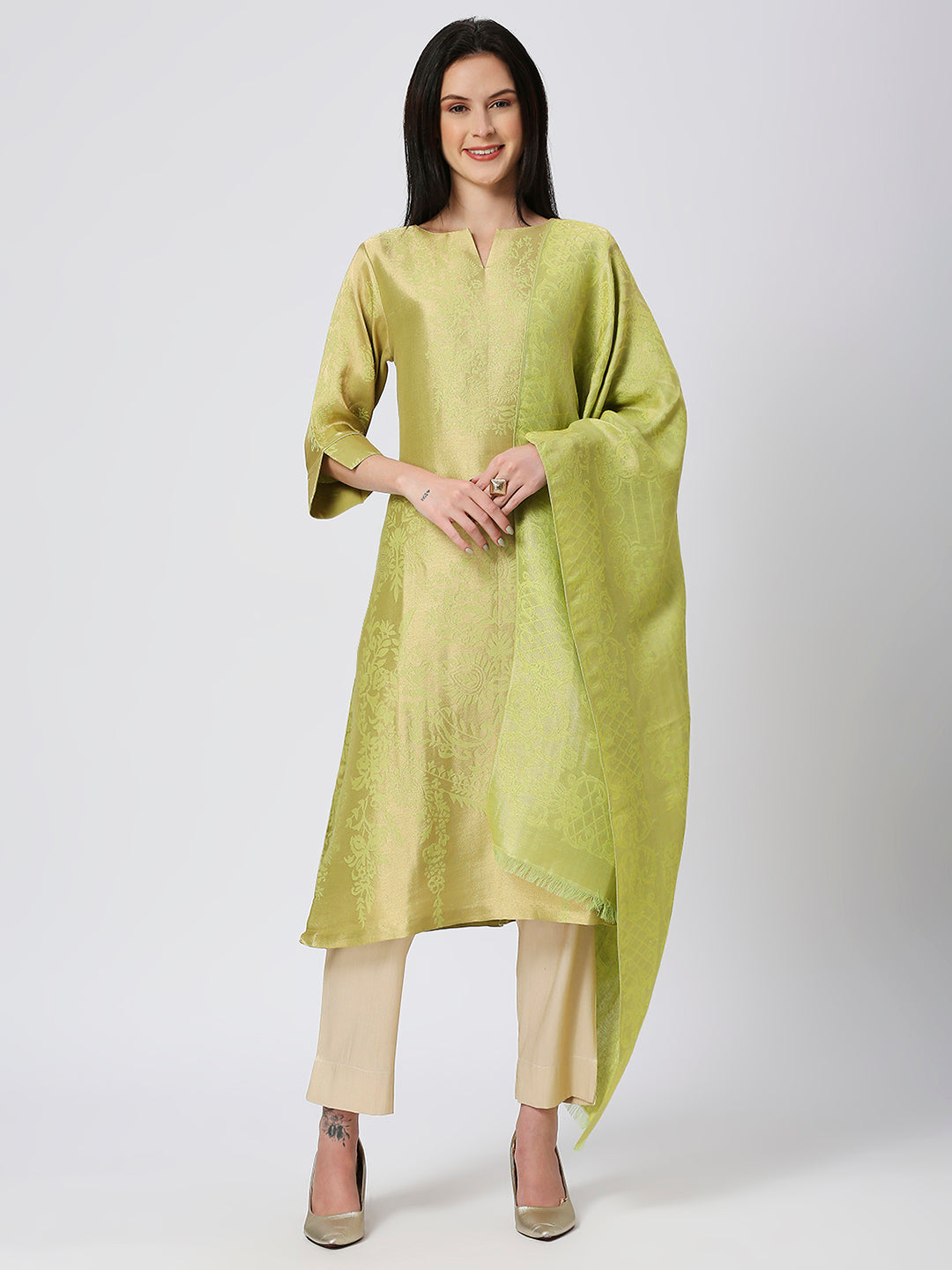 Brocade Lime Gold Italian Ornament Design Kurti