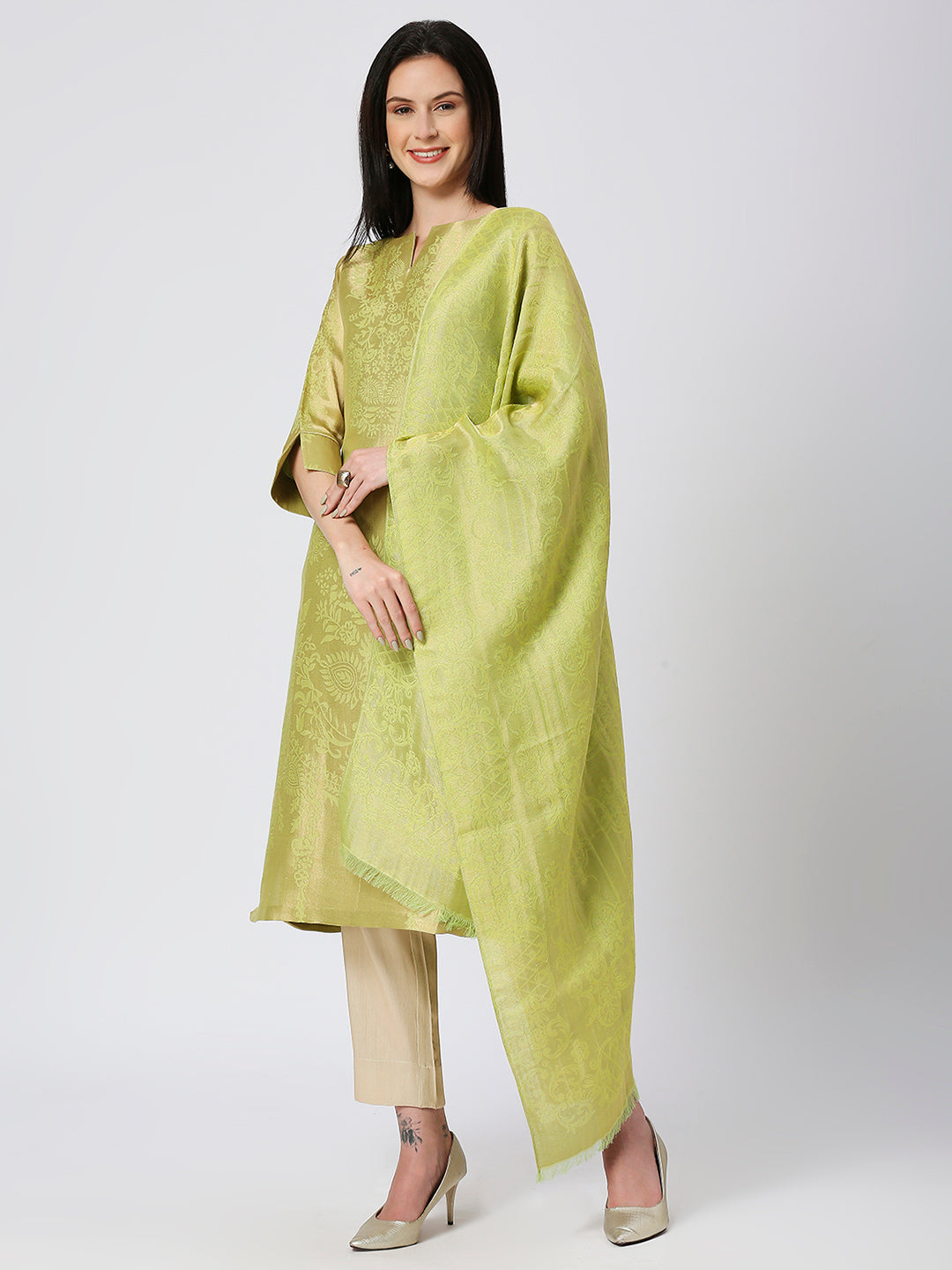 Brocade Lime Gold Italian Ornament Design Kurti