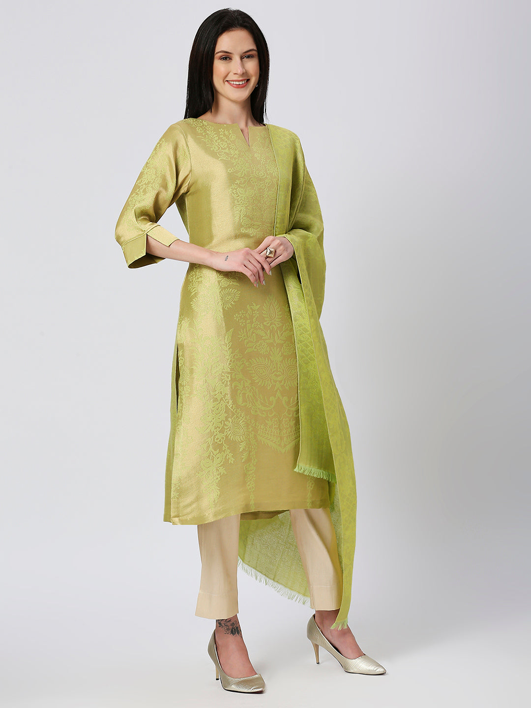 Brocade Lime Gold Italian Ornament Design Kurti