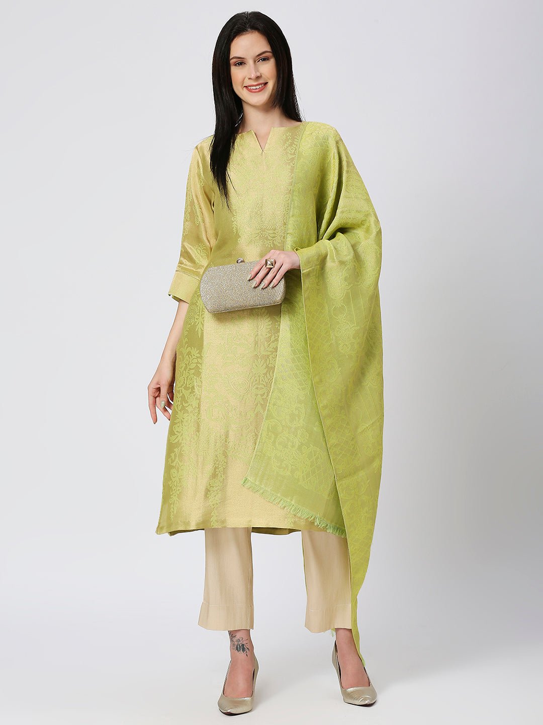 Brocade Lime Ornament Design Kurta Set