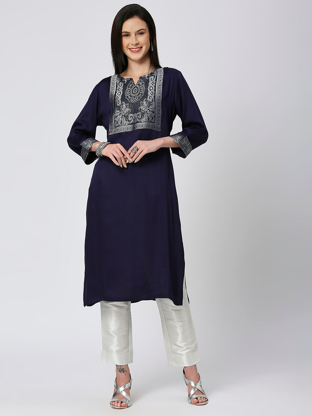Satin Navy Brocade Yoke Kurta