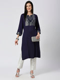 Navy Modal Satin Kurta with Silver Brocade Yoke