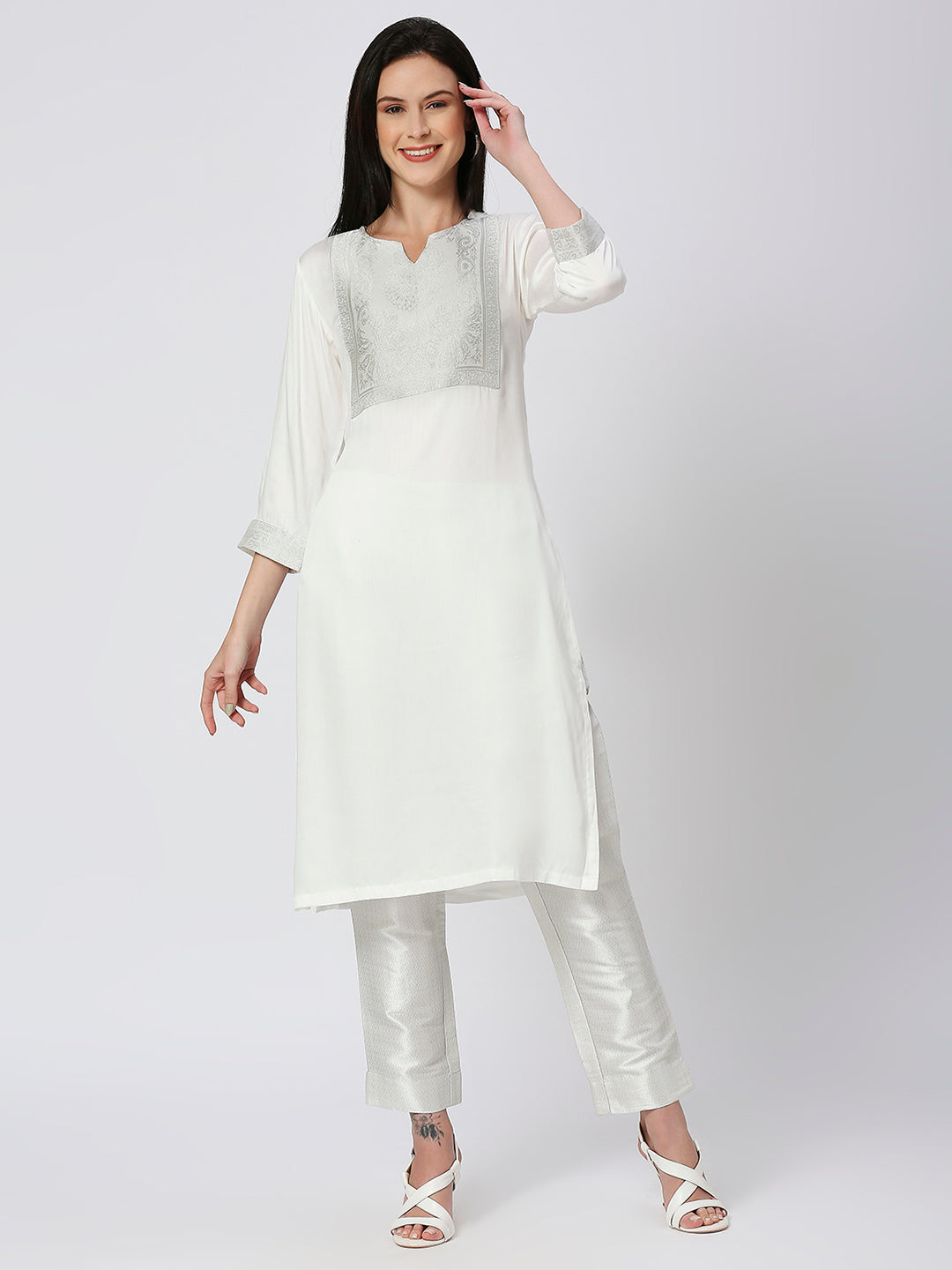 Satin White Brocade Yoke Kurta