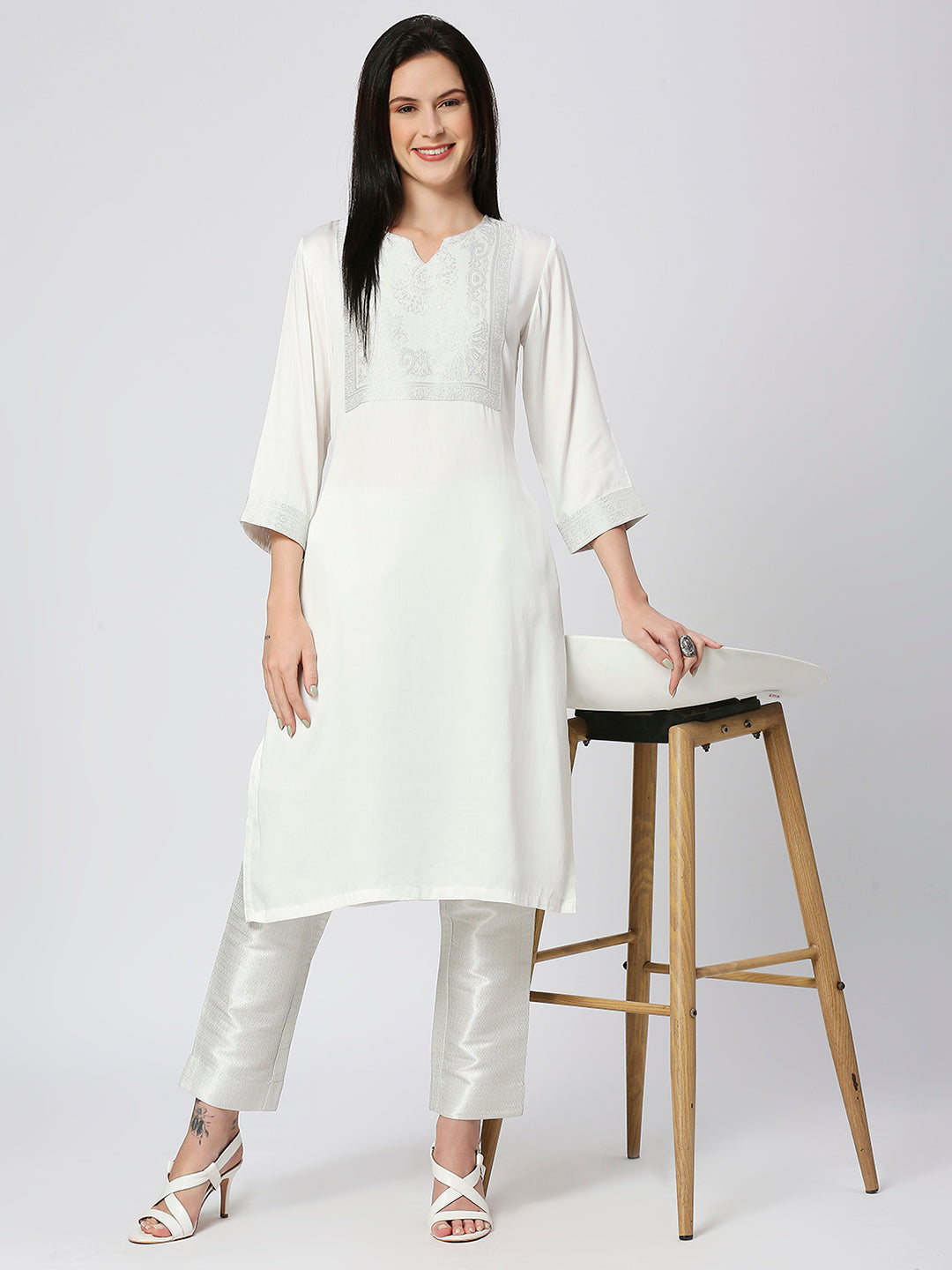 Satin White Brocade Yoke Kurta