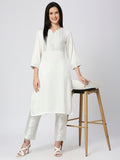 White Modal Satin Kurta with Silver Brocade Yoke