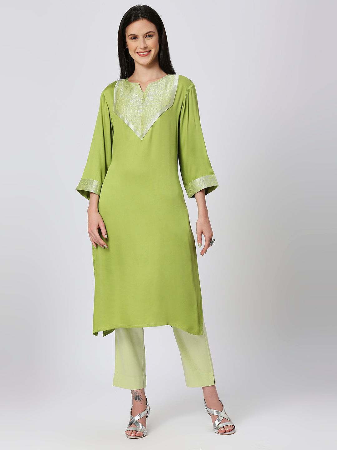 Satin Green Brocade Yoke Kurta