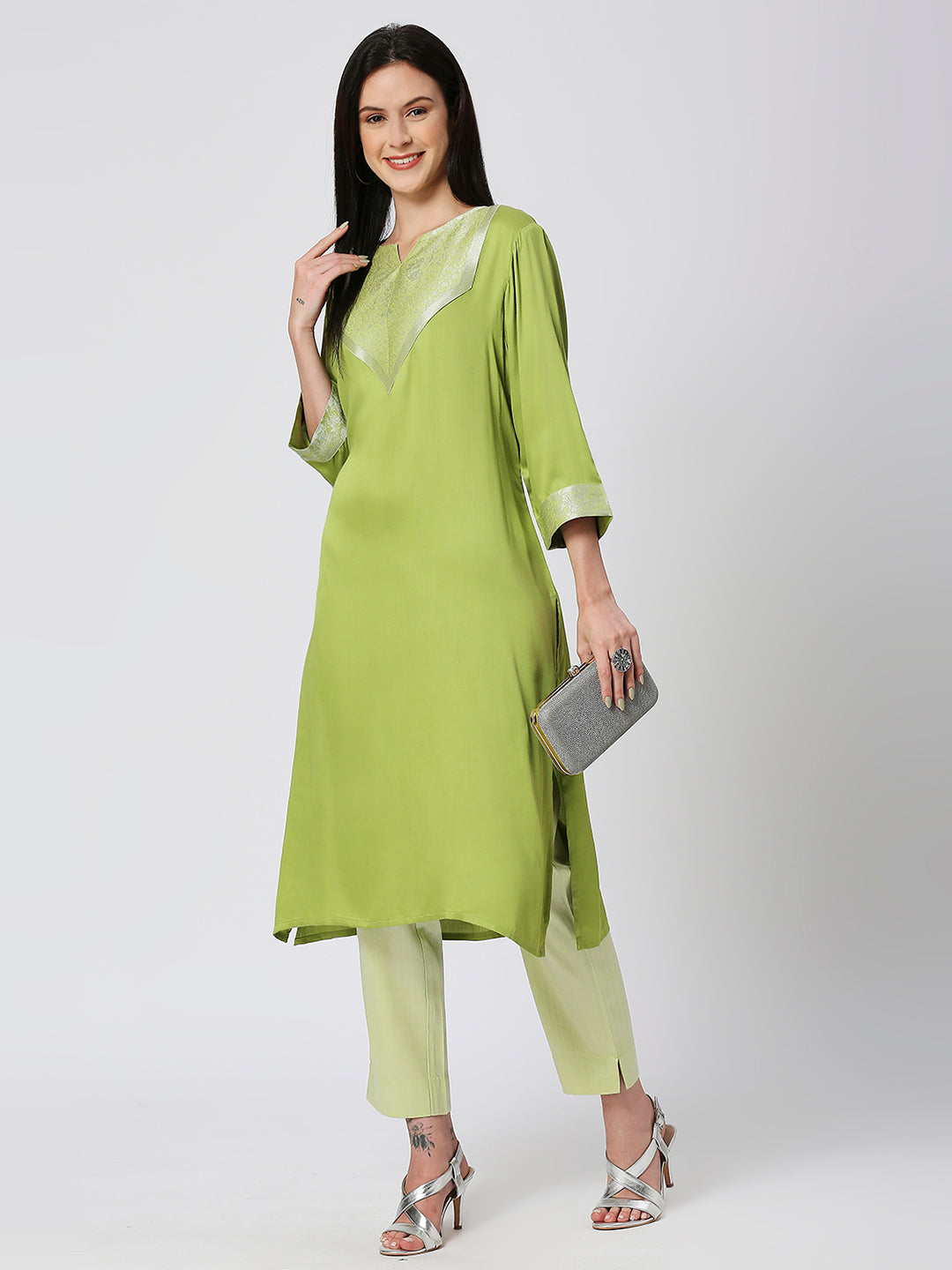 Satin Green Brocade Yoke Kurta
