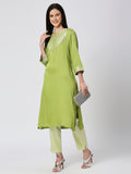 Parrot Green Modal Satin Kurta with Silver Brocade Yoke