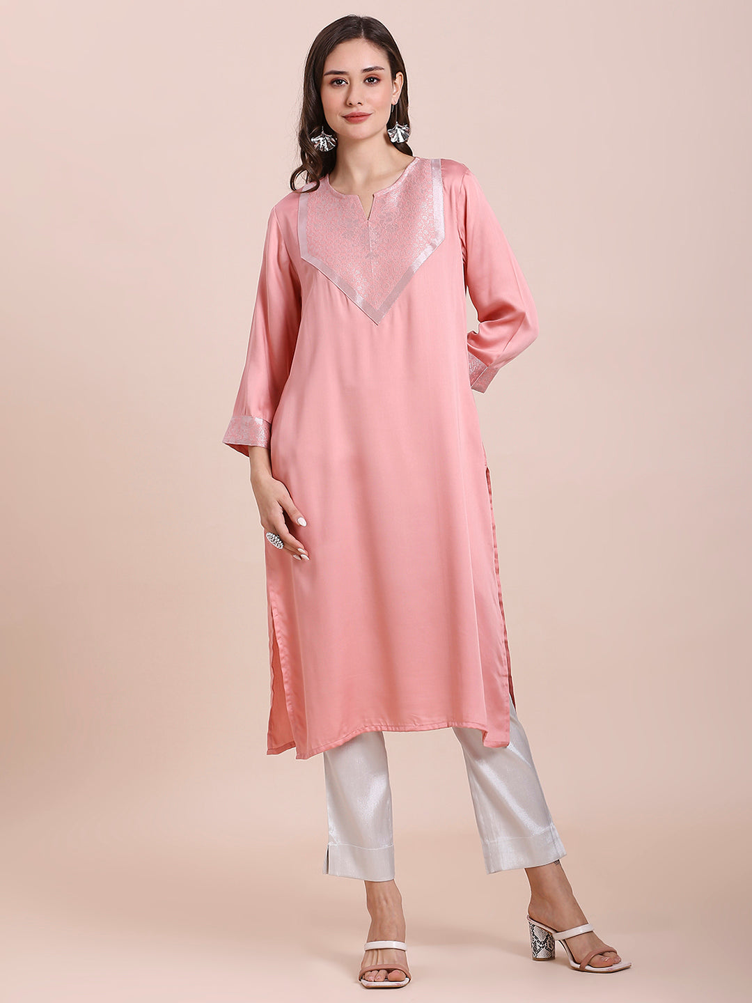 Pink Modal Satin Kurta with Silver Brocade Yoke