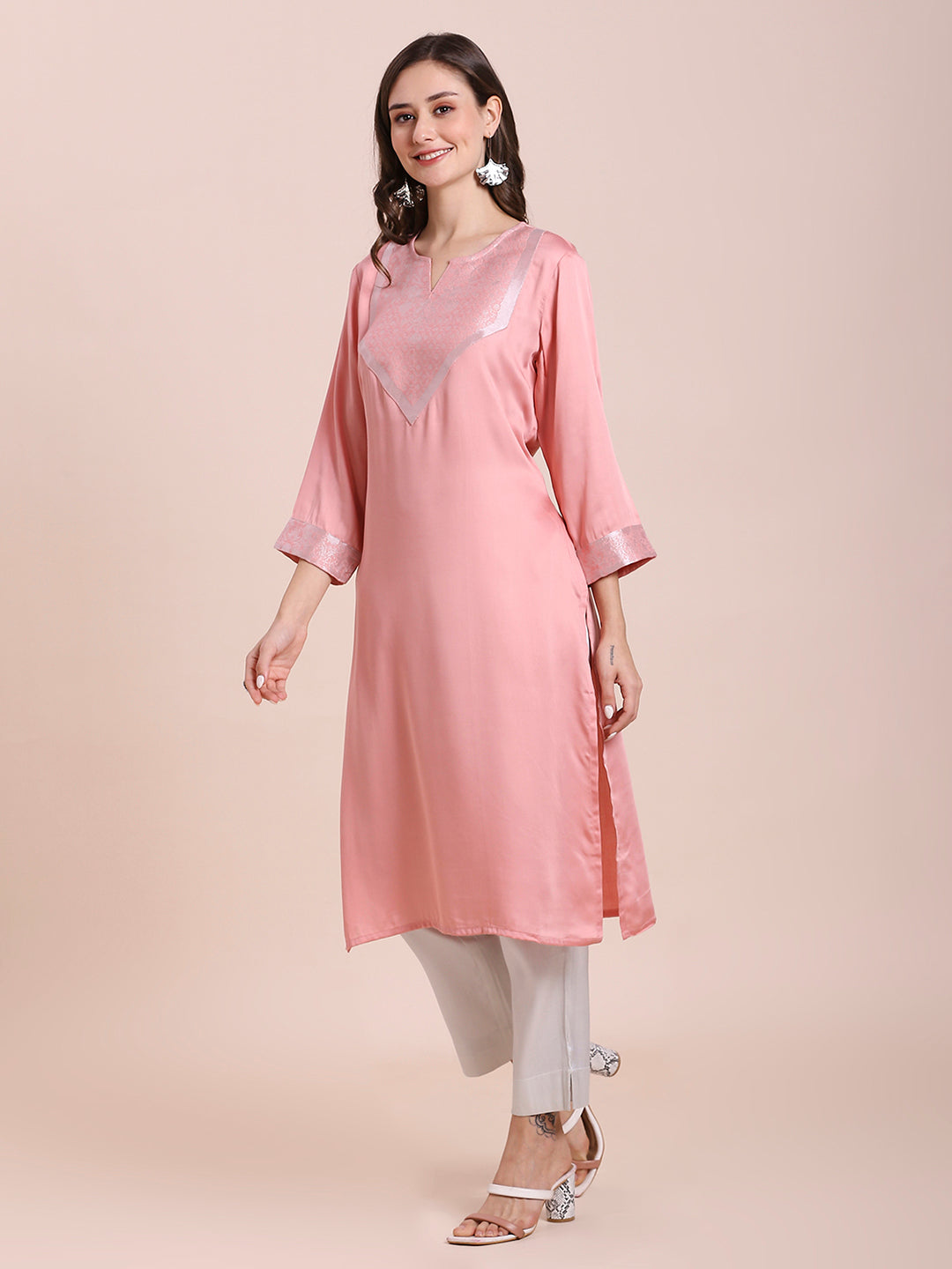 Pink Modal Satin Kurta with Silver Brocade Yoke