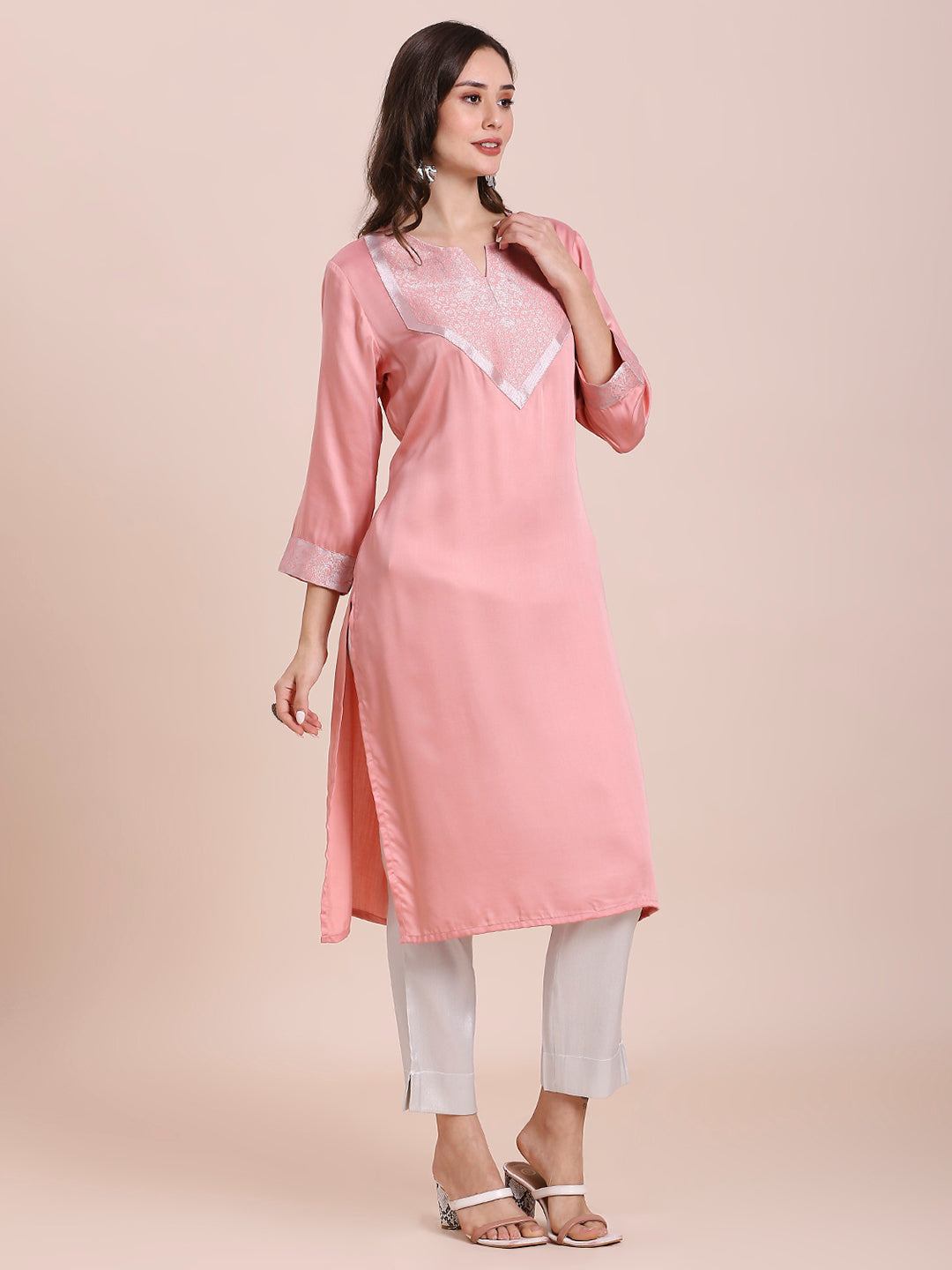 Pink Modal Satin Kurti with Silver Brocade Yoke