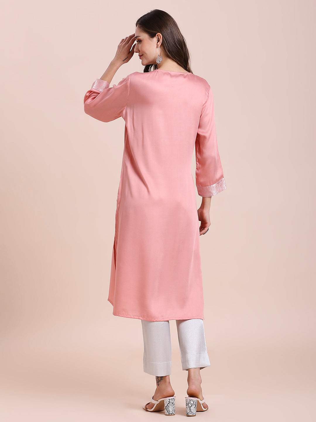 Pink Modal Satin Kurta with Silver Brocade Yoke