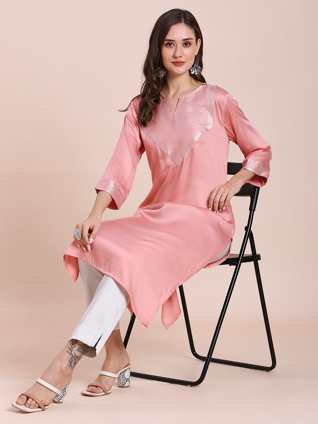 Satin Pink Kurta with Brocade Yoke