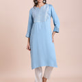 Satin Ice Blue Kurta with Brocade Yoke