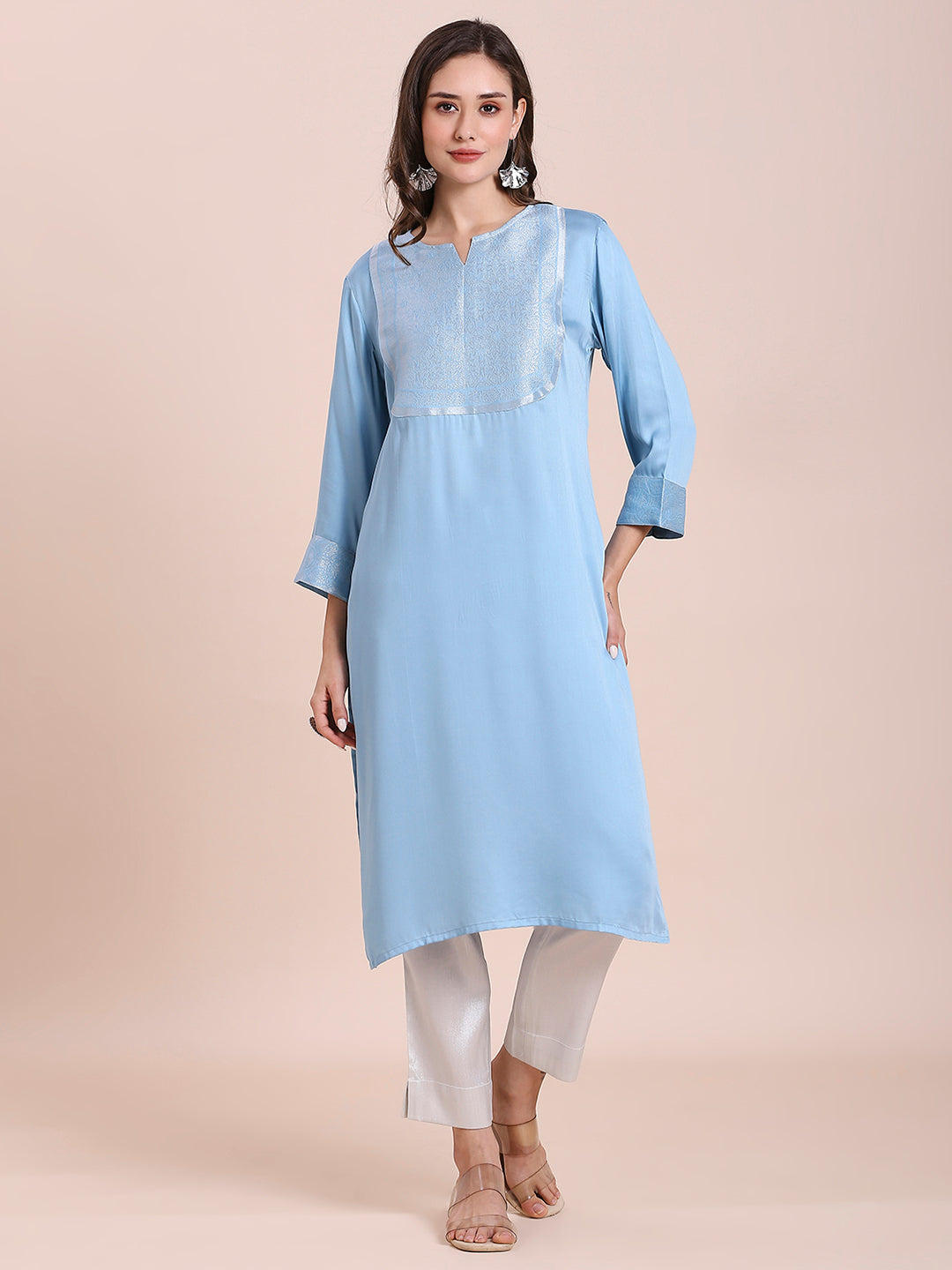 Satin Ice Blue Kurta with Brocade Yoke