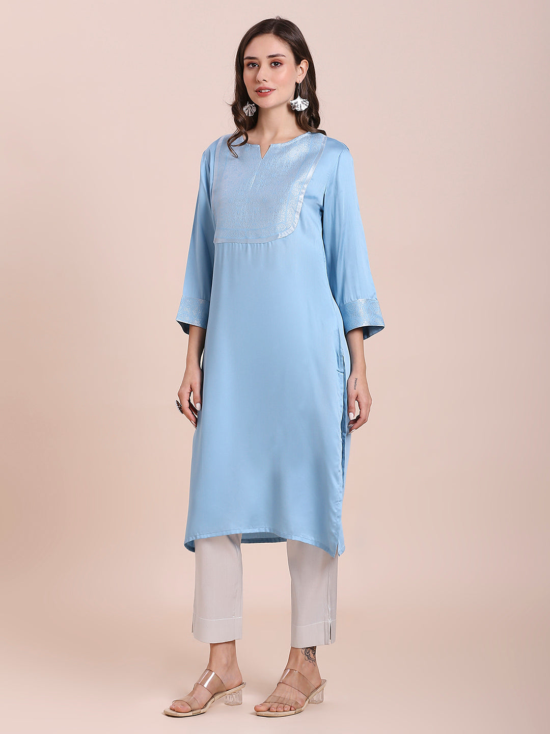 Ice Blue Modal Satin Kurta with Silver Brocade Yoke