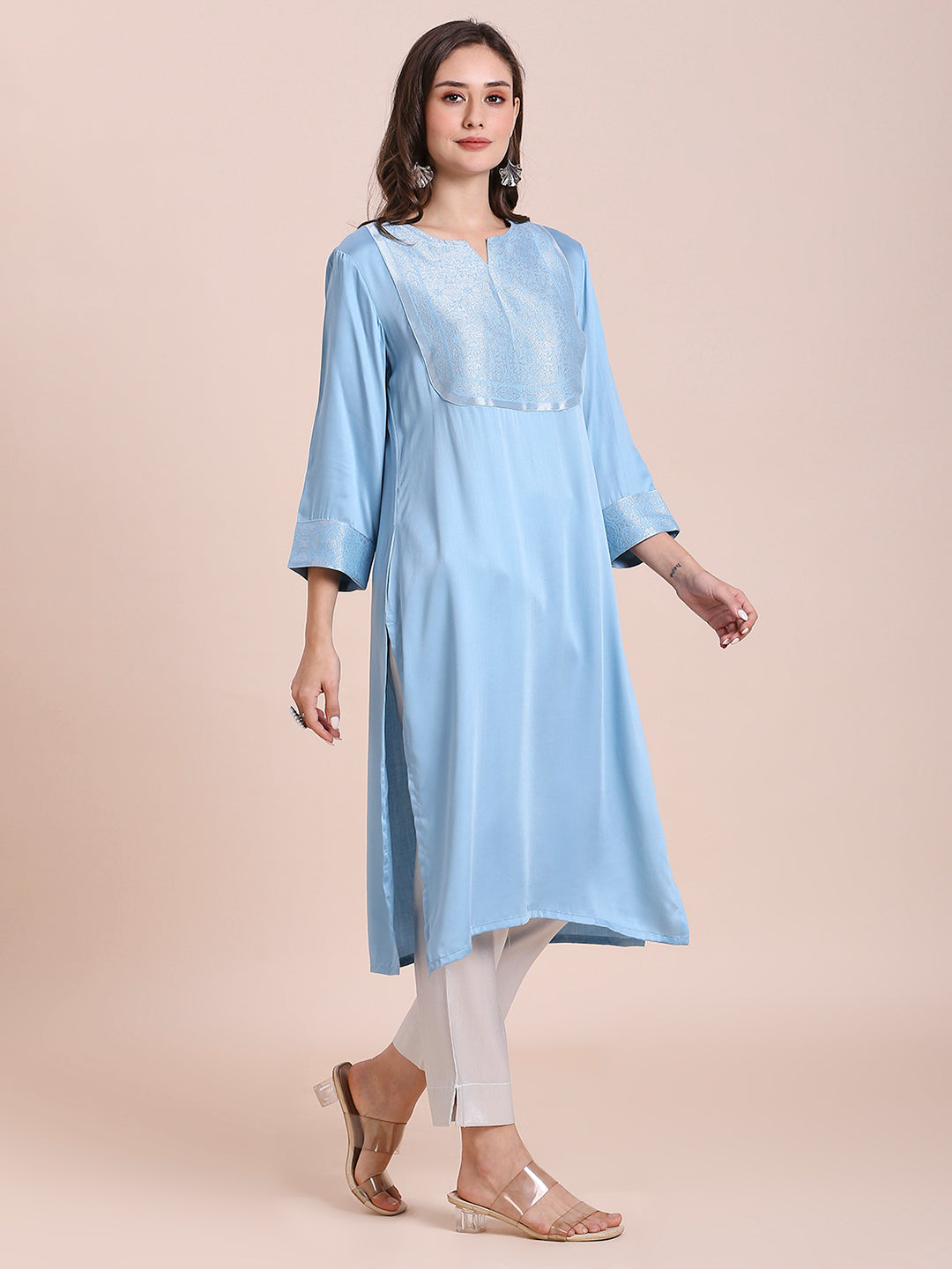 Ice Blue Modal Satin Kurta with Silver Brocade Yoke